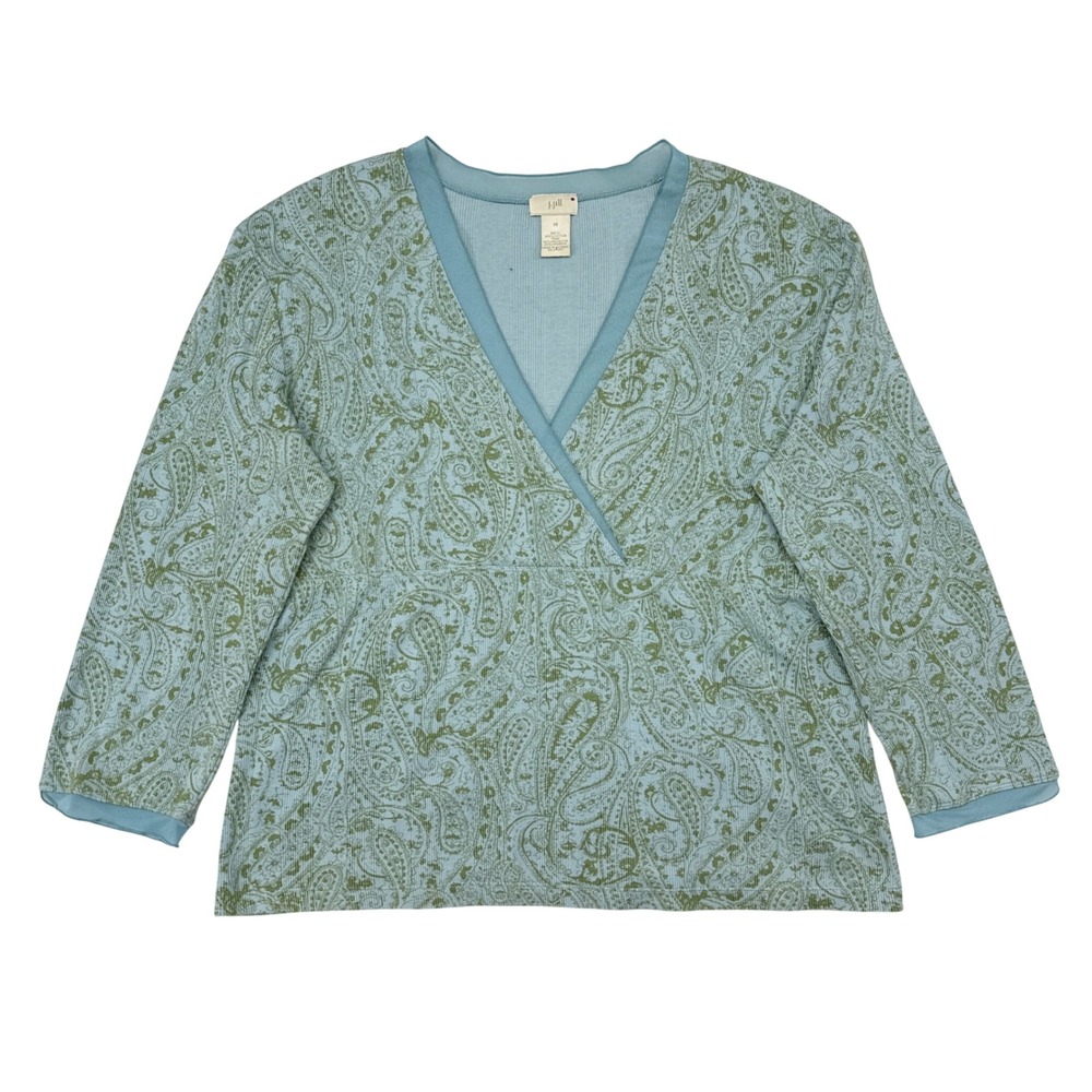 J‎ Jill Babydoll Wrap Top Size Medium Green Blue Paisley Long Sleeve Y2K Ribbed